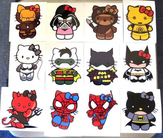HELLO KITTY SPIDER MAN,IRON MAN,BATMAN,THOR - MANY SUPER HERO DECALS
